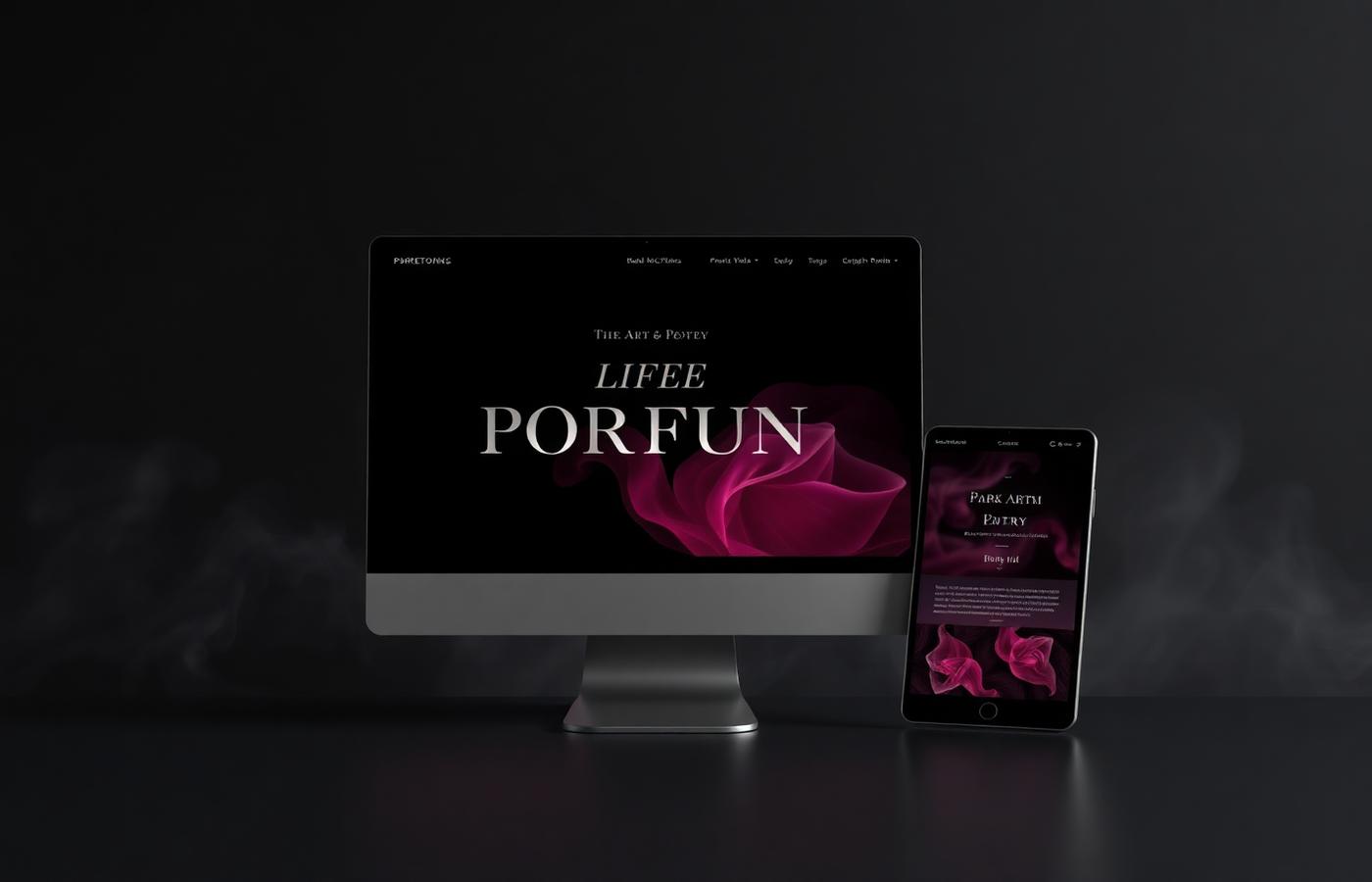 Desktop and tablet mockup of a dark art and poetry portfolio website
