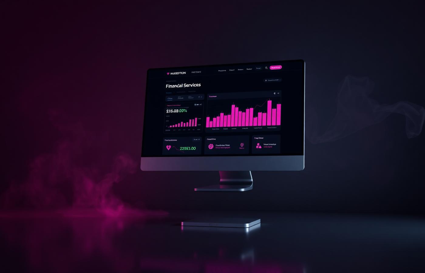 Monitor mockup of a dark financial services website with pink charts