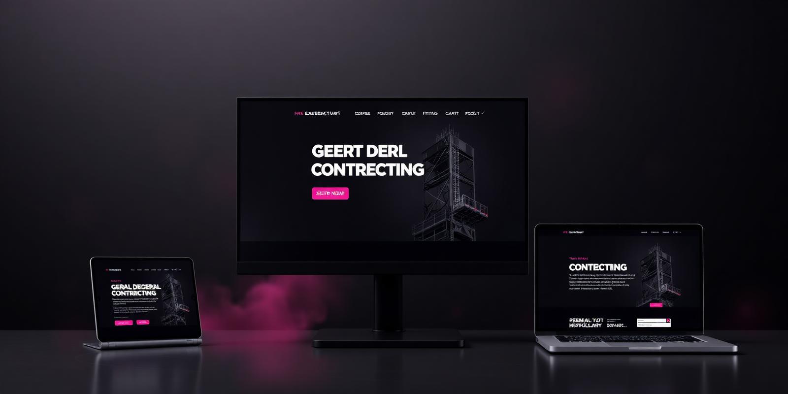 Monitor, laptop and tablet mockups of a dark contracting company website